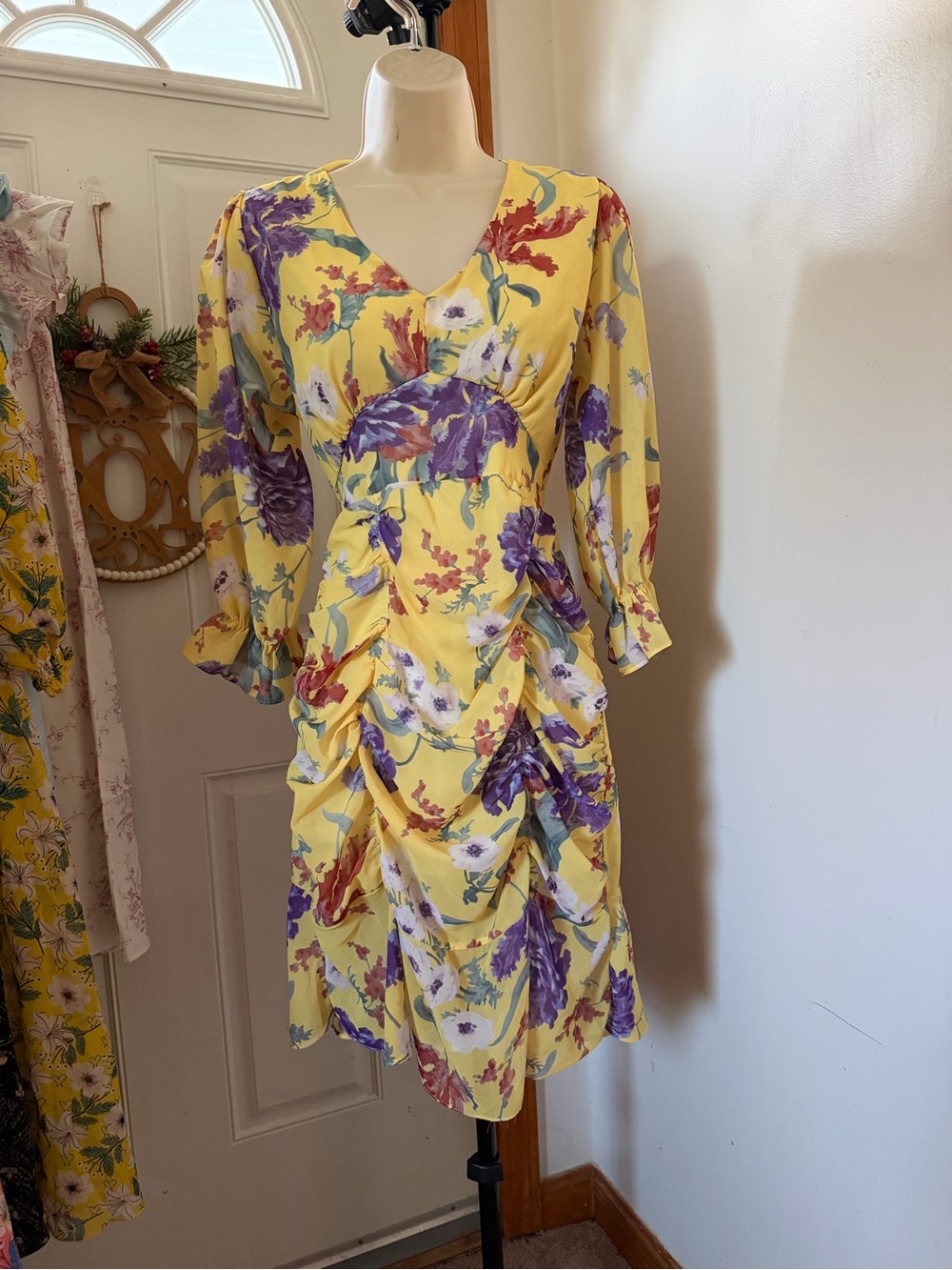 Yellow Floral V-Neck Ruched Midi Dress